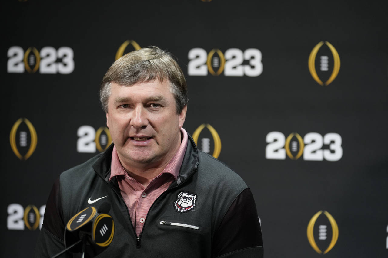 Georgia head coach Kirby Smart speaks during a media day ahead of the national championship NCAA Co...