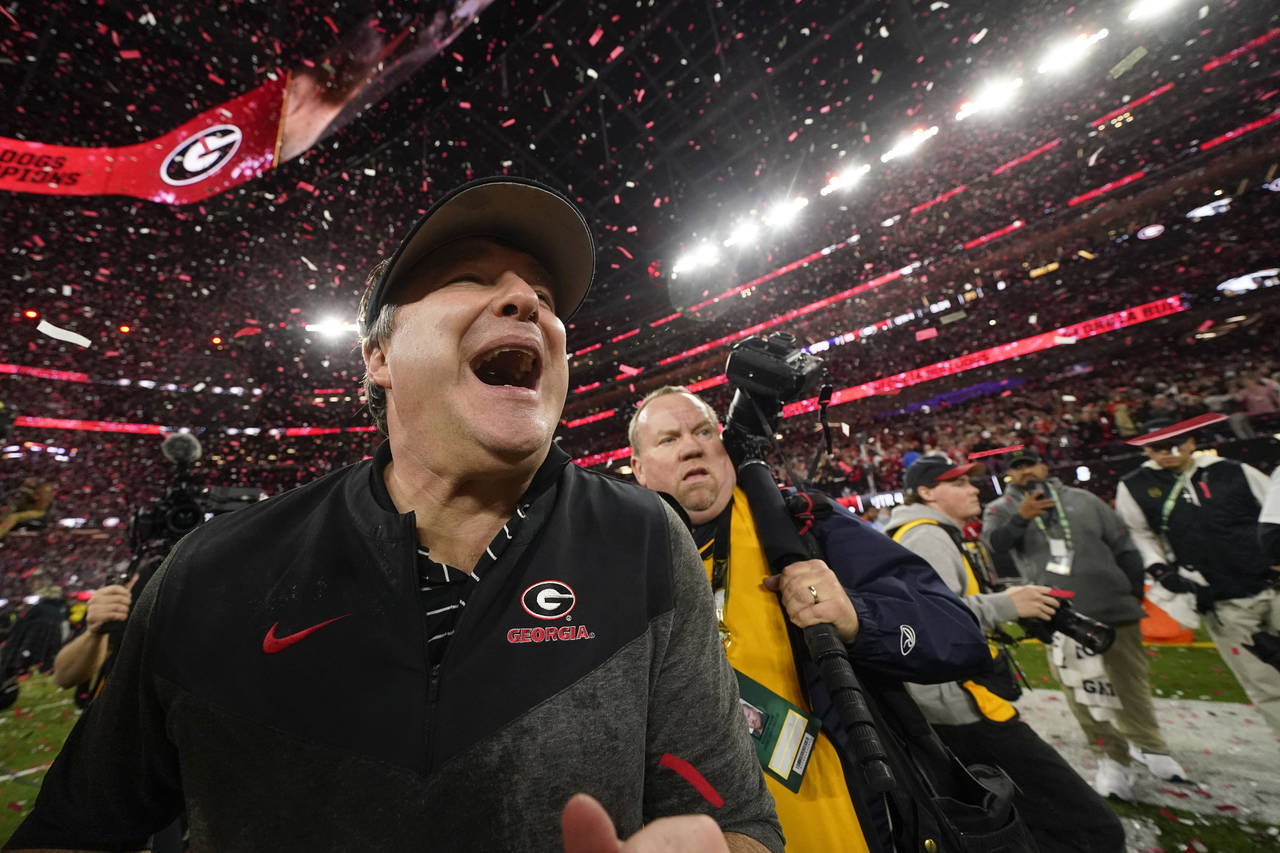 Georgia head coach Kirby Smart celebrates victory over TCUt after the national championship NCAA Co...