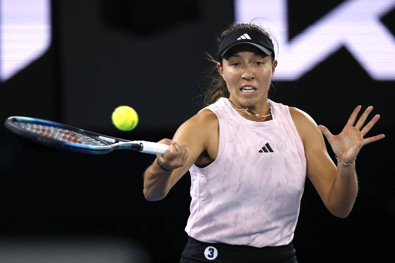 Jessica Pegula of the U.S. plays a forehand return to Aliaksandra Sasnovich of Belarus during their...