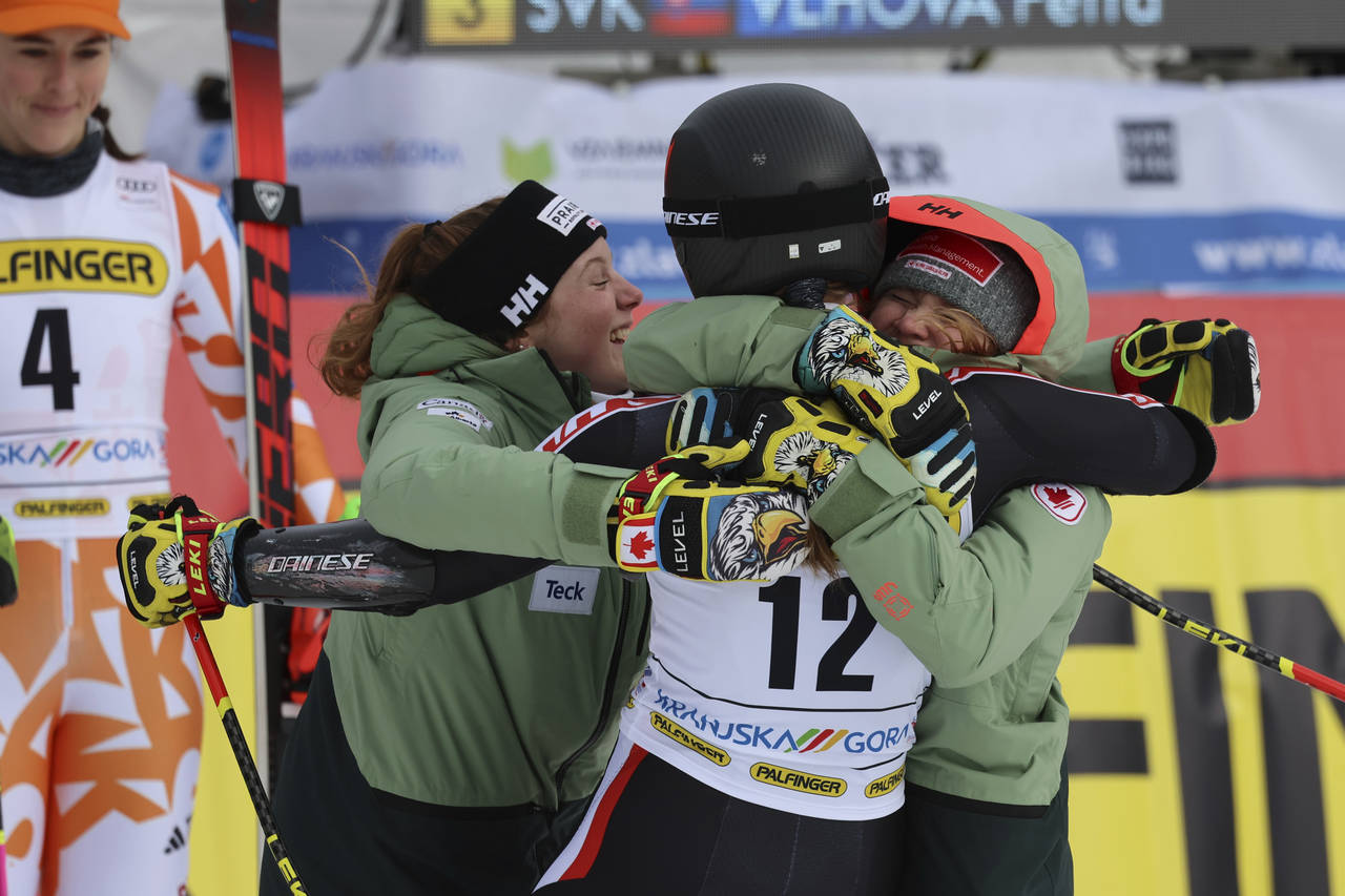 Canada's Valerie Grenier reacts after completing an alpine ski, women's World Cup giant slalom race...