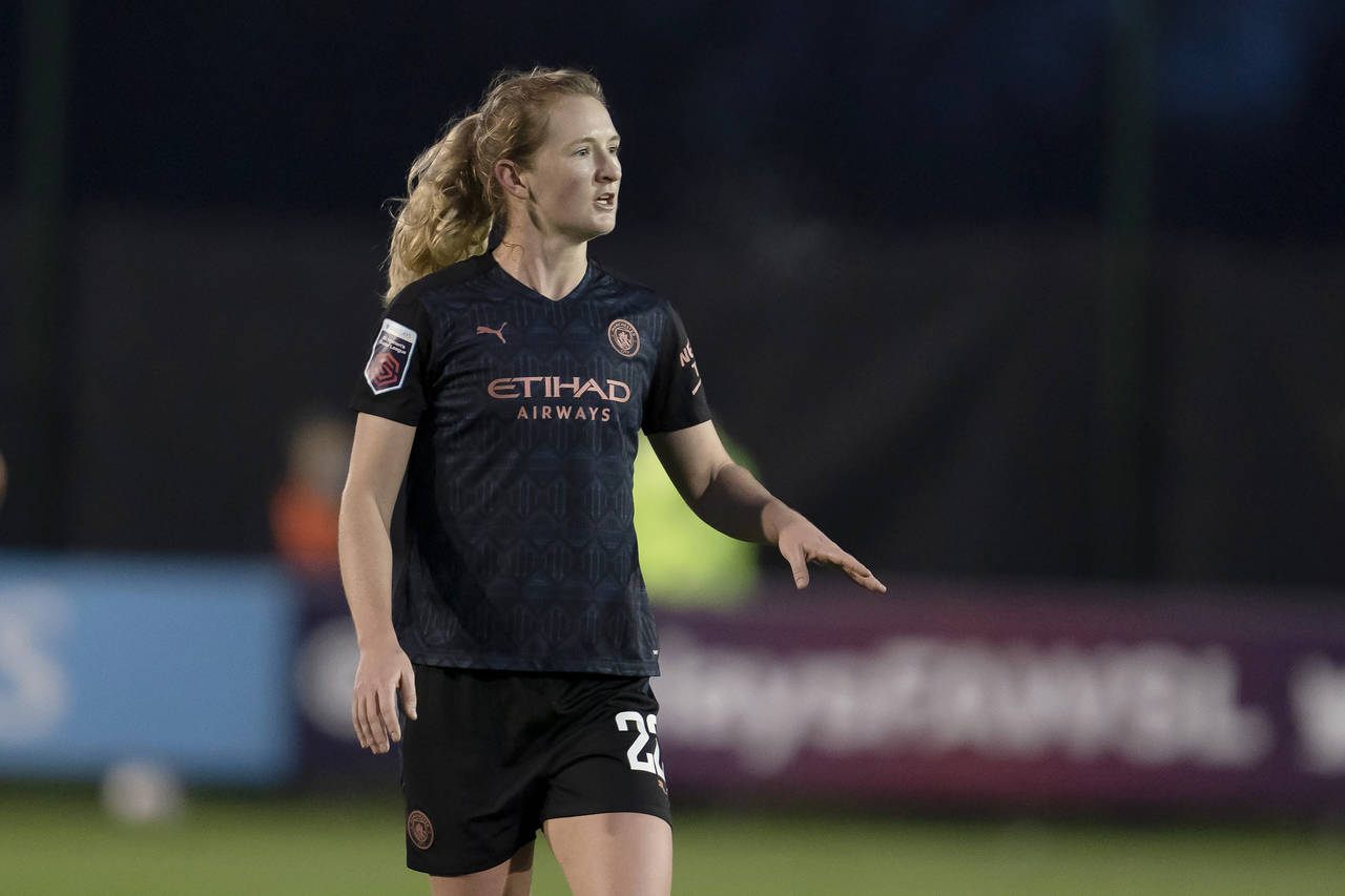 FILE - Sam Mewis, then of Manchester City Women, stands on the field during an FA WSL soccer match ...