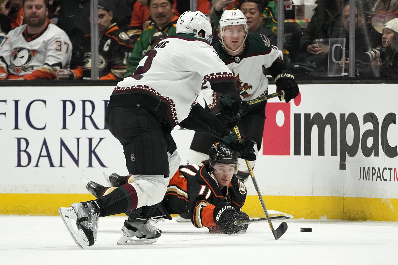Anaheim Ducks center Trevor Zegras, center, dives for the puck as Arizona Coyotes left wing Nick Ri...