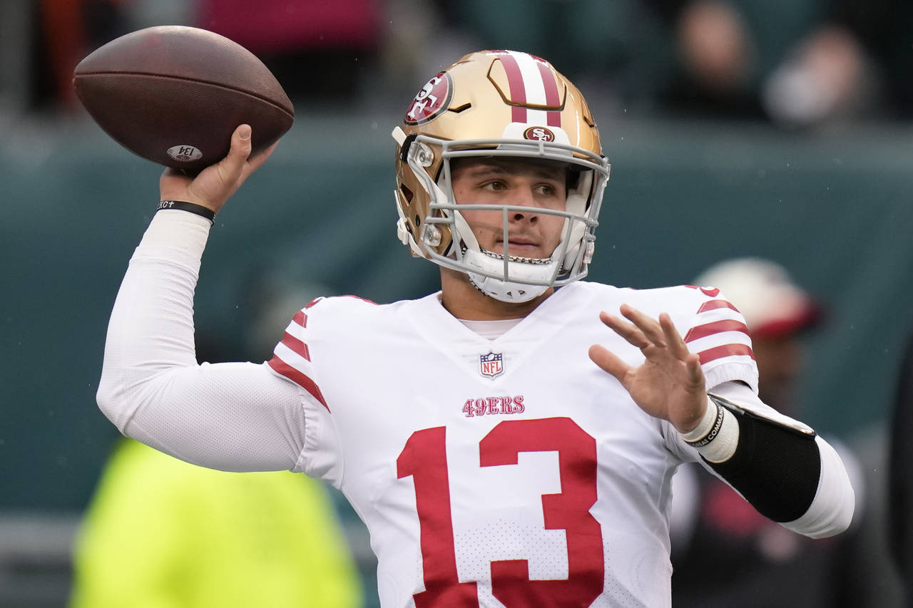 San Francisco 49ers quarterback Brock Purdy warms up before the NFC Championship NFL football game ...