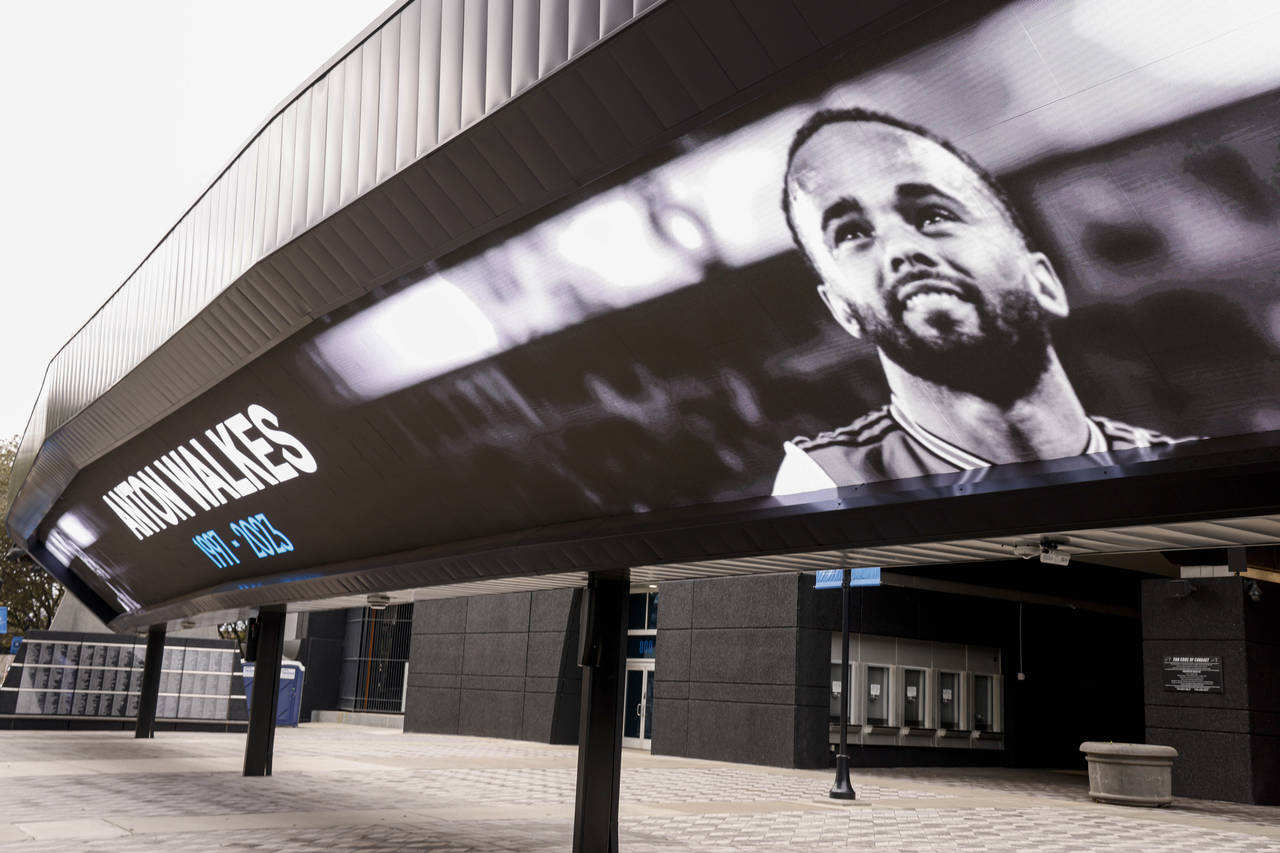 An image of Charlotte Football Club soccer player Anton Walkes is shown on Bank of America Stadium ...