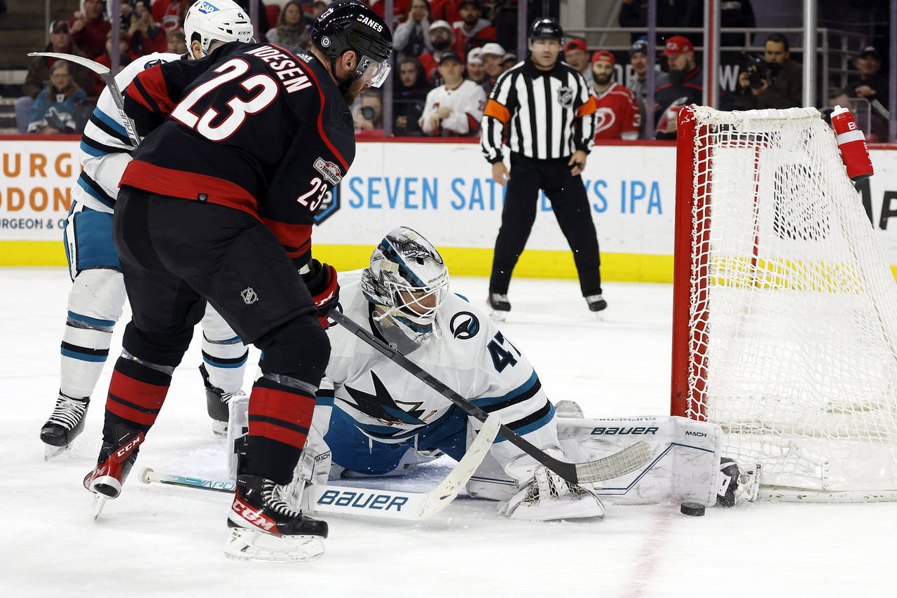 San Jose Sharks goaltender James Reimer (47) blocks a shot by Carolina Hurricanes' Stefan Noesen (2...