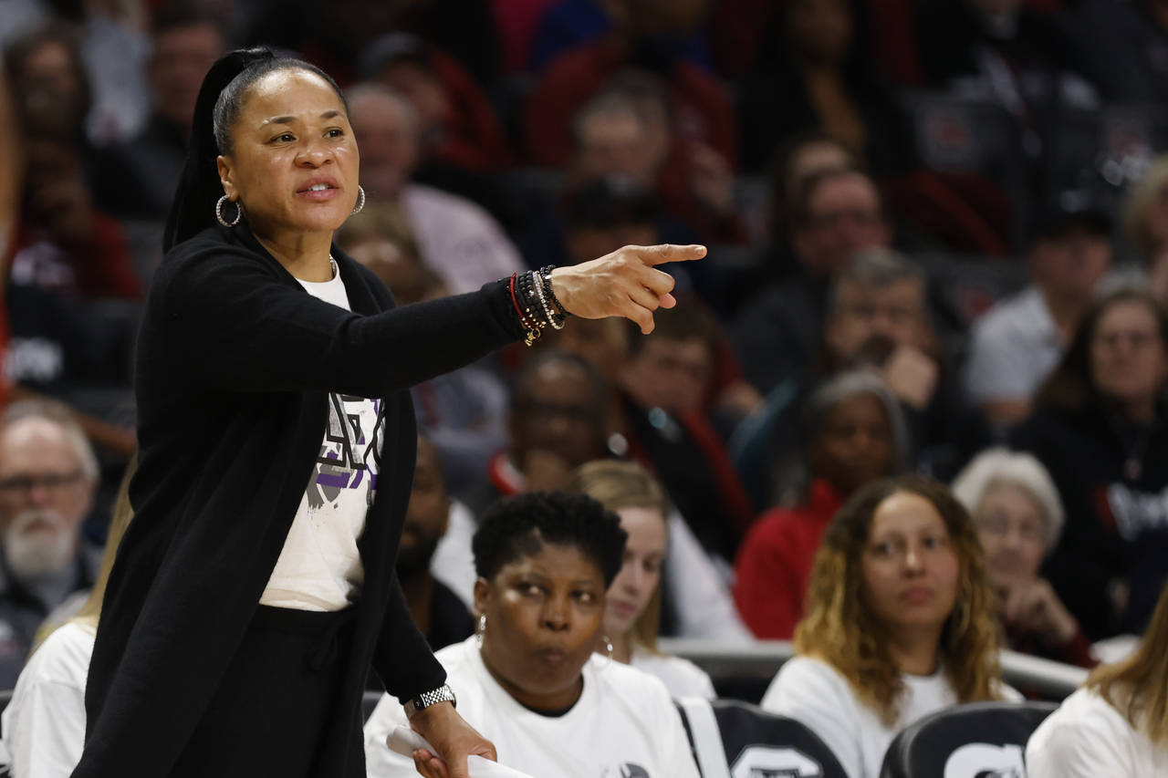 South Carolina head coach Dawn Staley directs her team against Arkansas during the second half of a...