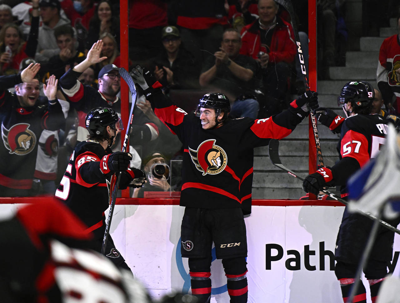 Ottawa Senators center Jacob Lucchini (36) celebrates his first career NHL goal during the second p...