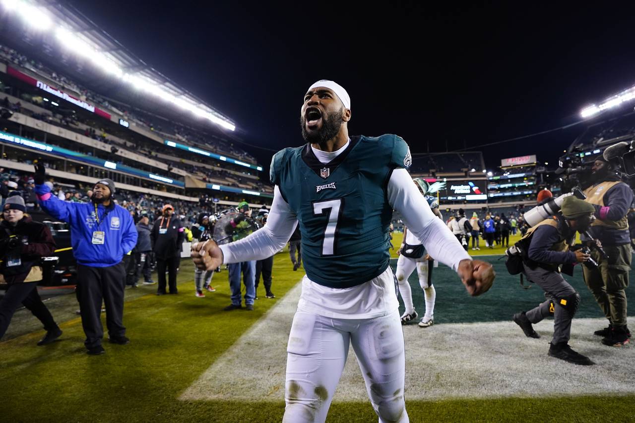 Philadelphia Eagles linebacker Haason Reddick reacts following an NFL divisional round playoff foot...