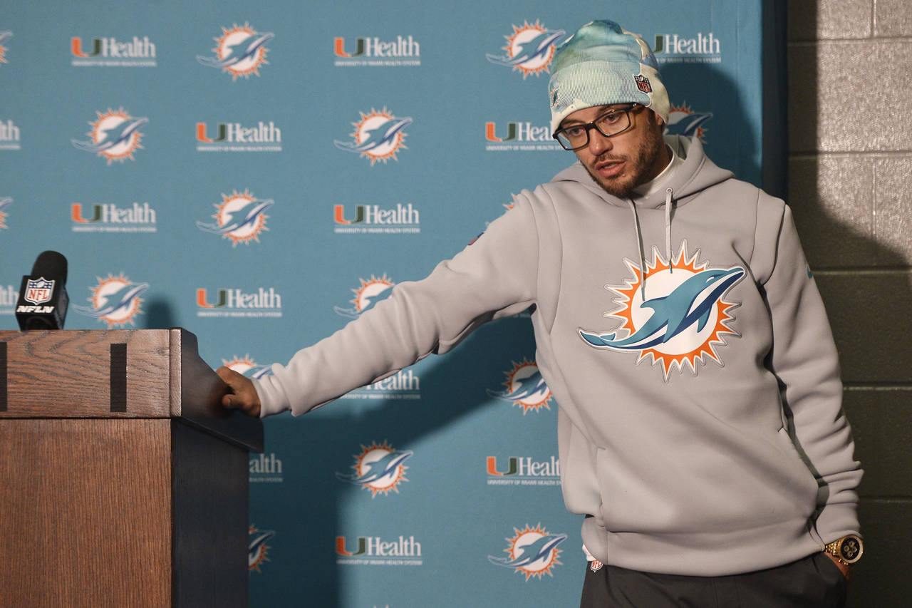 Miami Dolphins head coach Mike McDaniel talks to reporters after an NFL wild-card playoff football ...