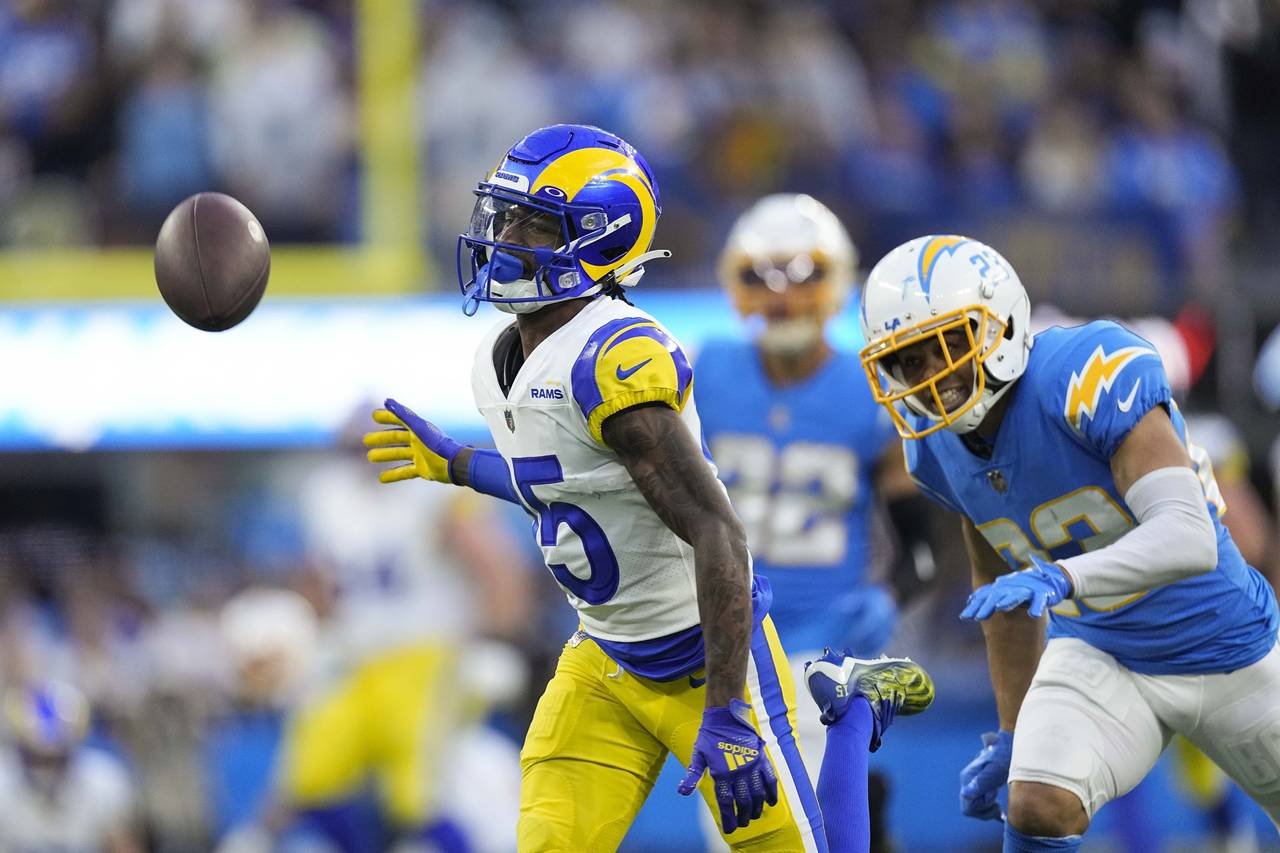 Los Angeles Rams cornerback Jalen Ramsey (5) can't catch a pass as he is pressured by Los Angeles C...