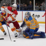 Thomas scores in OT, Blues rally past Flames 4-3