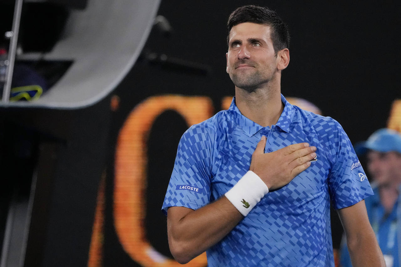 Novak Djokovic of Serbia reacts after defeating Roberto Carballes Baena of Spain in their first rou...