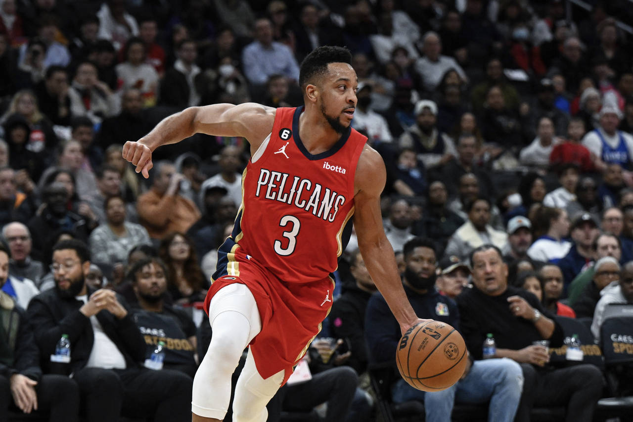 New Orleans Pelicans guard CJ McCollum (3) goes to the basket during the first quarter of an NBA ba...