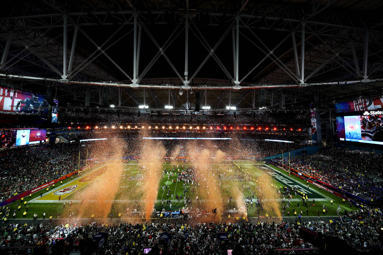 Confetti falls on the field as the Kansas City Chiefs celebrate after the NFL Super Bowl 57 footbal...