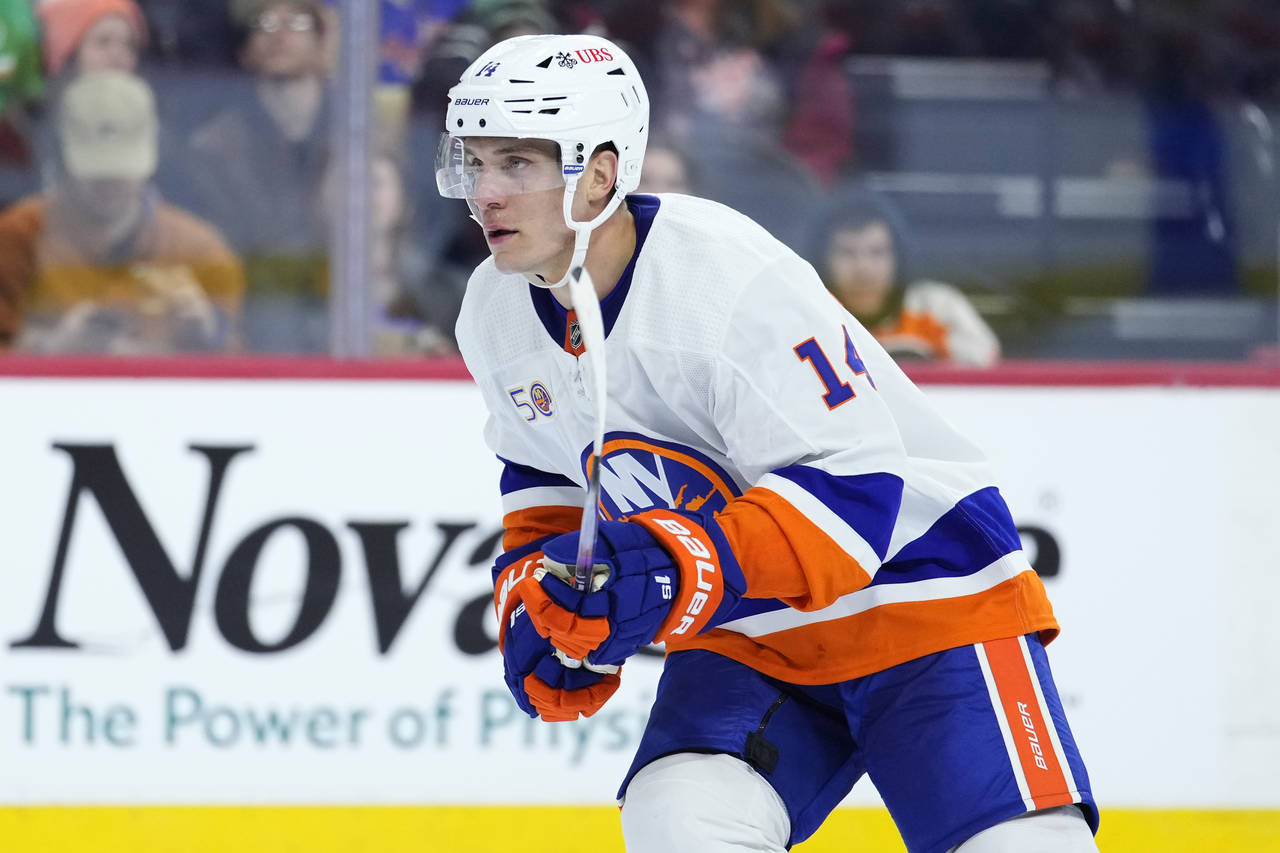 New York Islanders' Bo Horvat plays during the third period of an NHL hockey game against the Phila...
