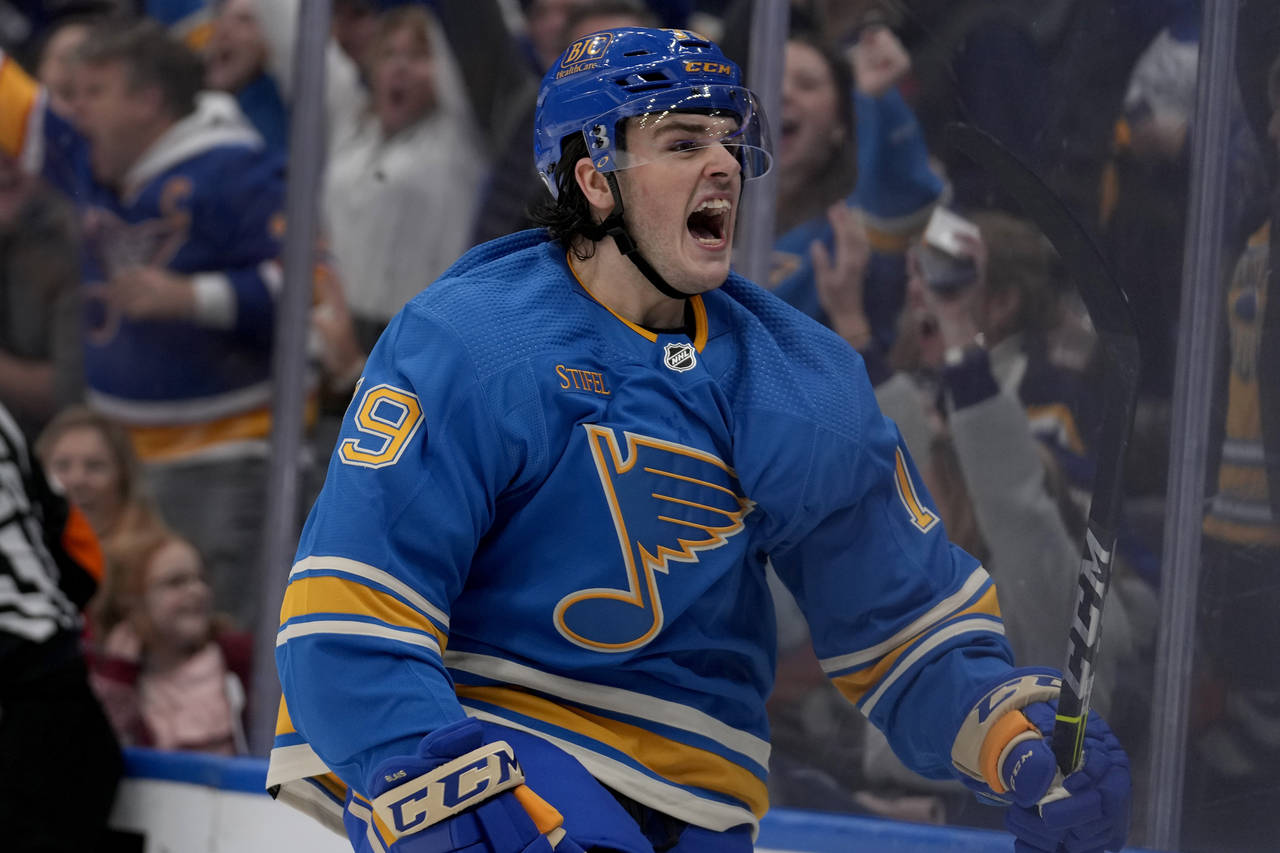 St. Louis Blues' Sammy Blais celebrates after scoring during the second period of an NHL hockey gam...