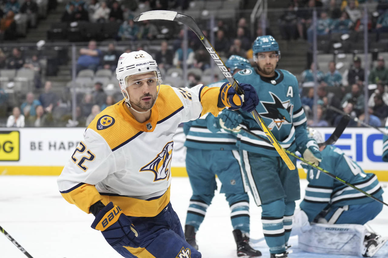 Nashville Predators right wing Nino Niederreiter (22) reacts after scoring a goal against the San J...