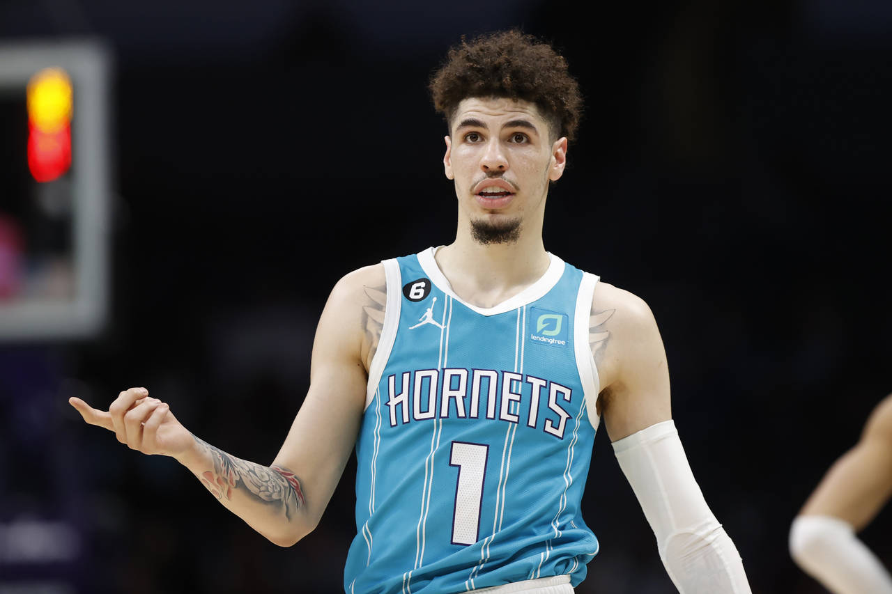 Charlotte Hornets guard LaMelo Ball questions a call during the second half of the team's NBA baske...