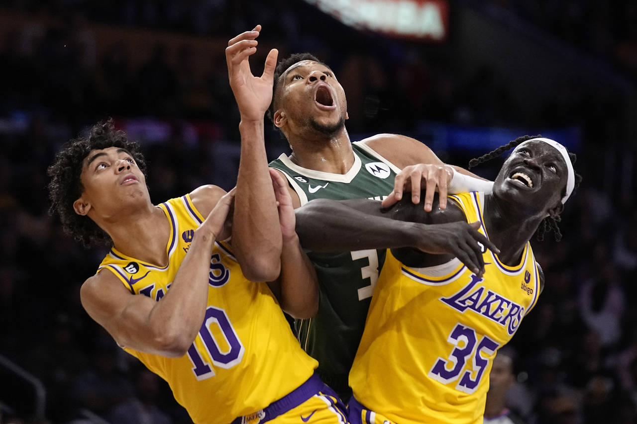 Milwaukee Bucks forward Giannis Antetokounmpo, center, battles for a rebound with Los Angeles Laker...