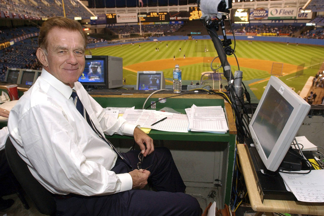 FILE -  Baseball announcer Tim McCarver poses in the press box before the start of Game 2 of the Am...