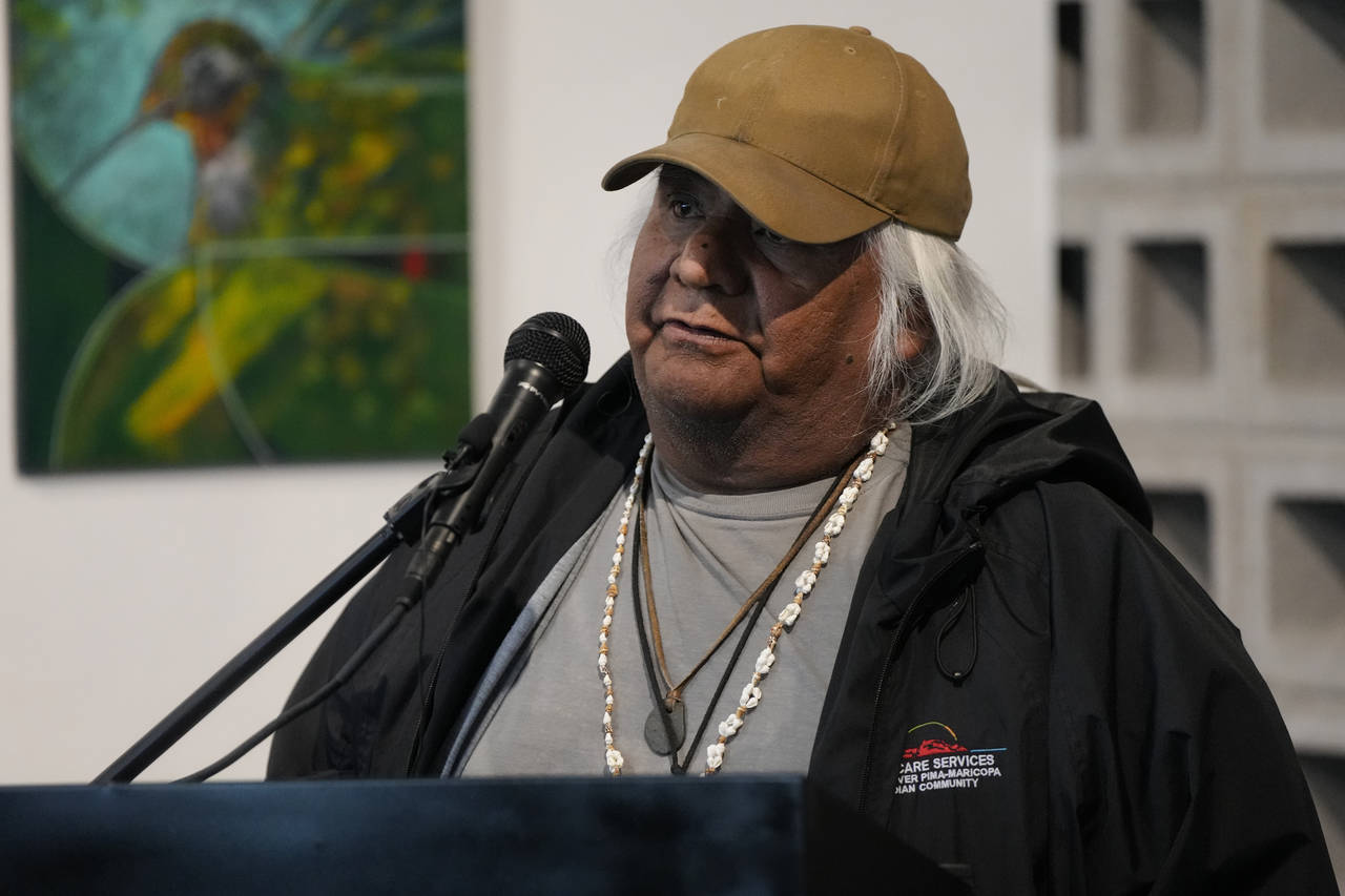 Meldon Fulwilder speaks during a news conference by Native American advocacy groups, Thursday, Feb....