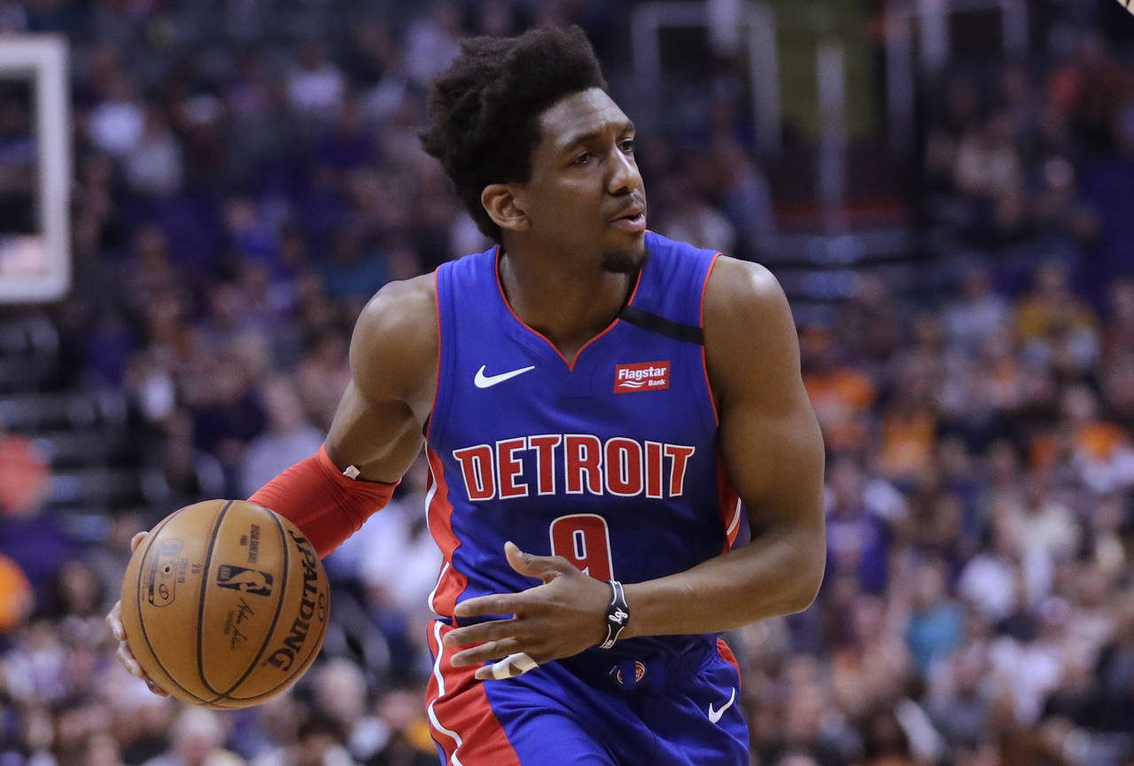 FILE - Detroit Pistons guard Langston Galloway works the ball against the Phoenix Suns during the f...