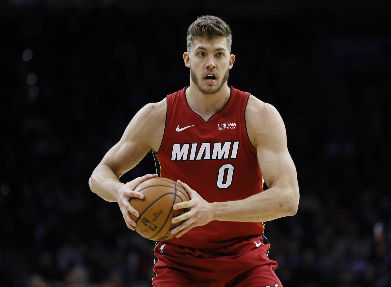 FILE - Miami Heat's Meyers Leonard plays during an NBA basketball game against the Philadelphia 76e...