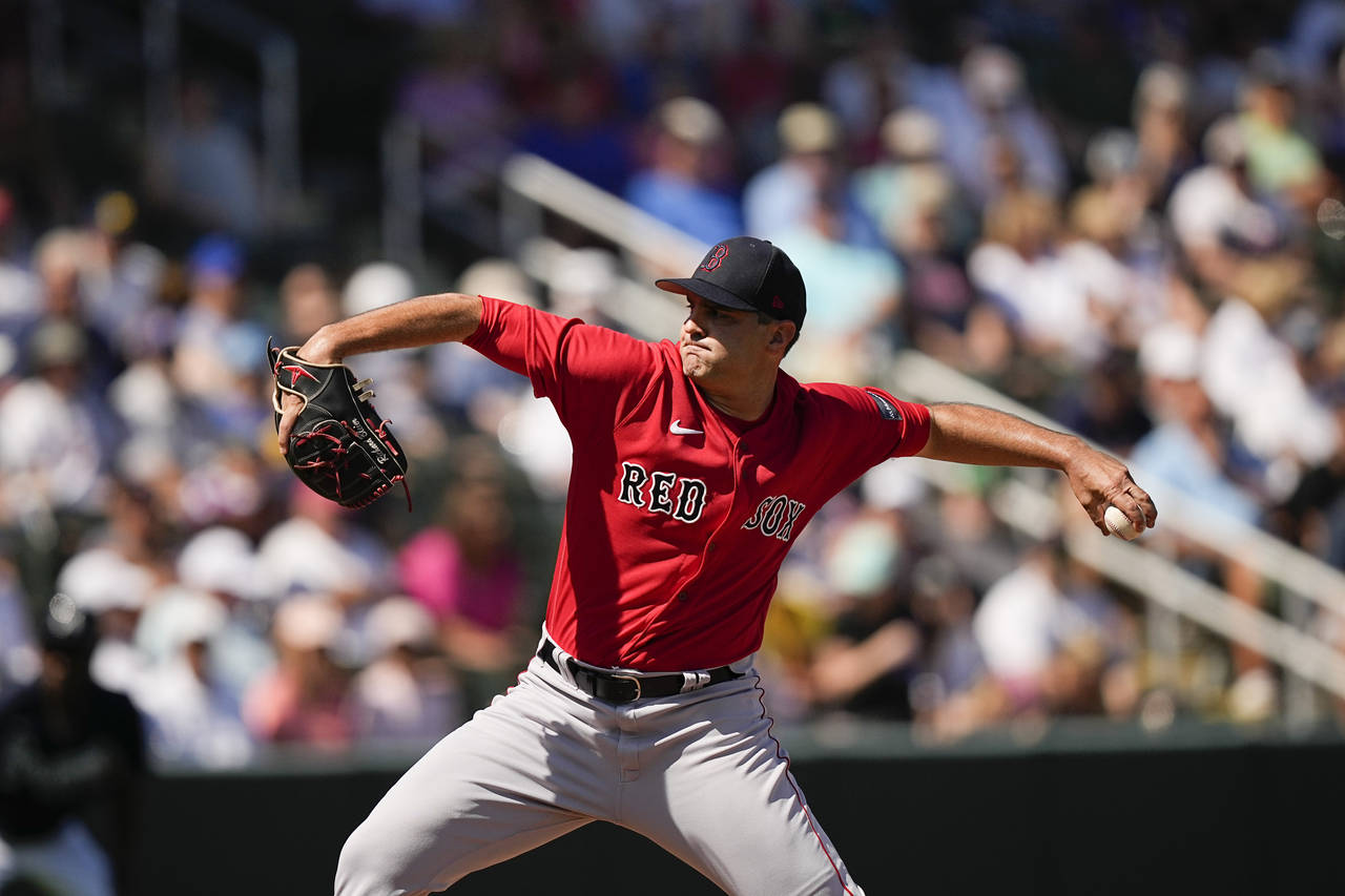 Boston Red Sox relief pitcher Richard Bleier (35) delivers during a spring training baseball game a...