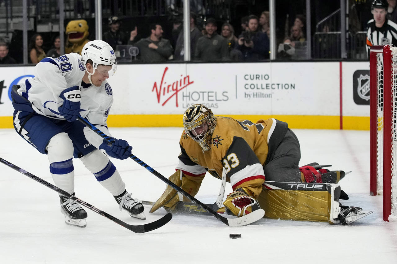 Tampa Bay Lightning center Vladislav Namestnikov (90) attempts a shot on Vegas Golden Knights goalt...