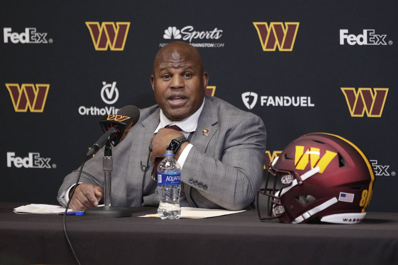 Eric Bieniemy talks after being introduced as the new offensive coordinator and assistant head coac...