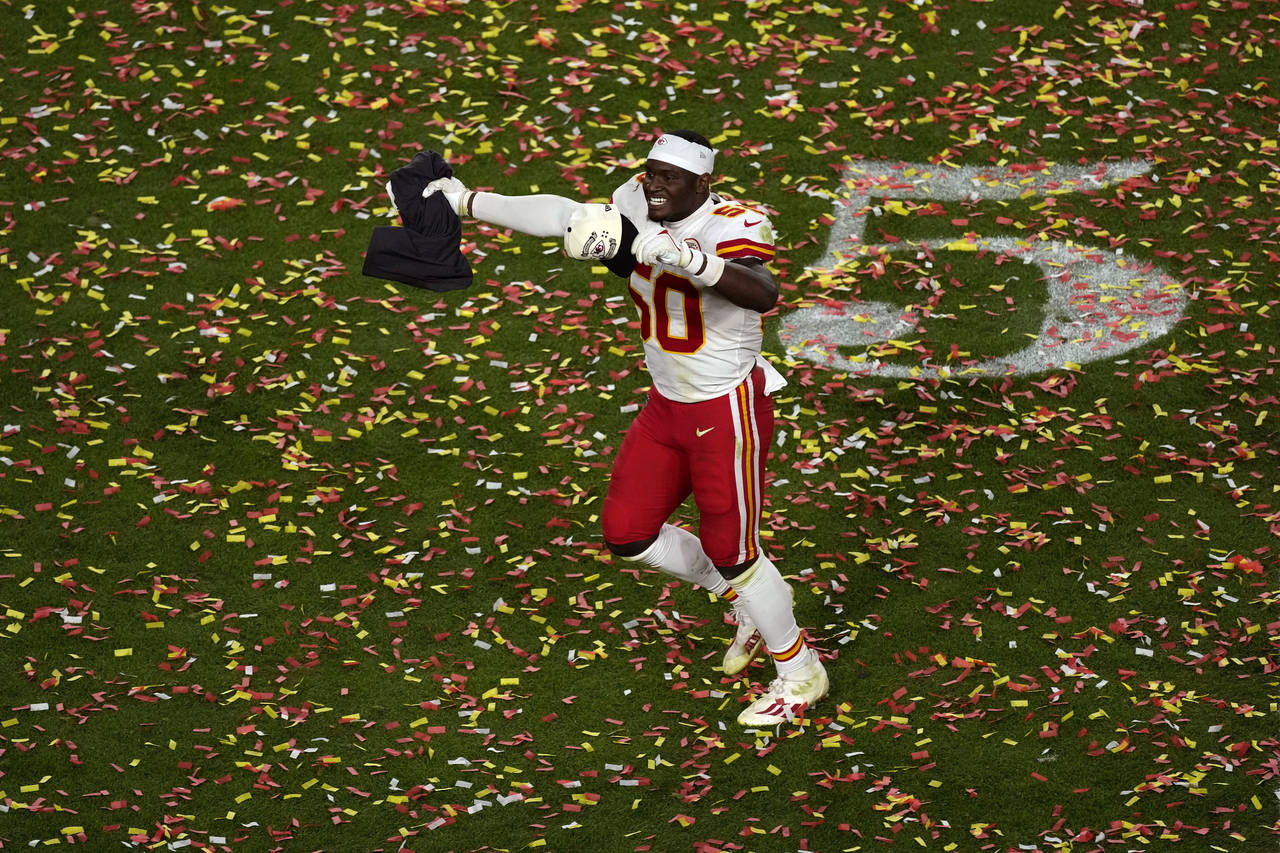 Kansas City Chiefs linebacker Willie Gay (50) celebrates after the NFL Super Bowl 57 football game ...