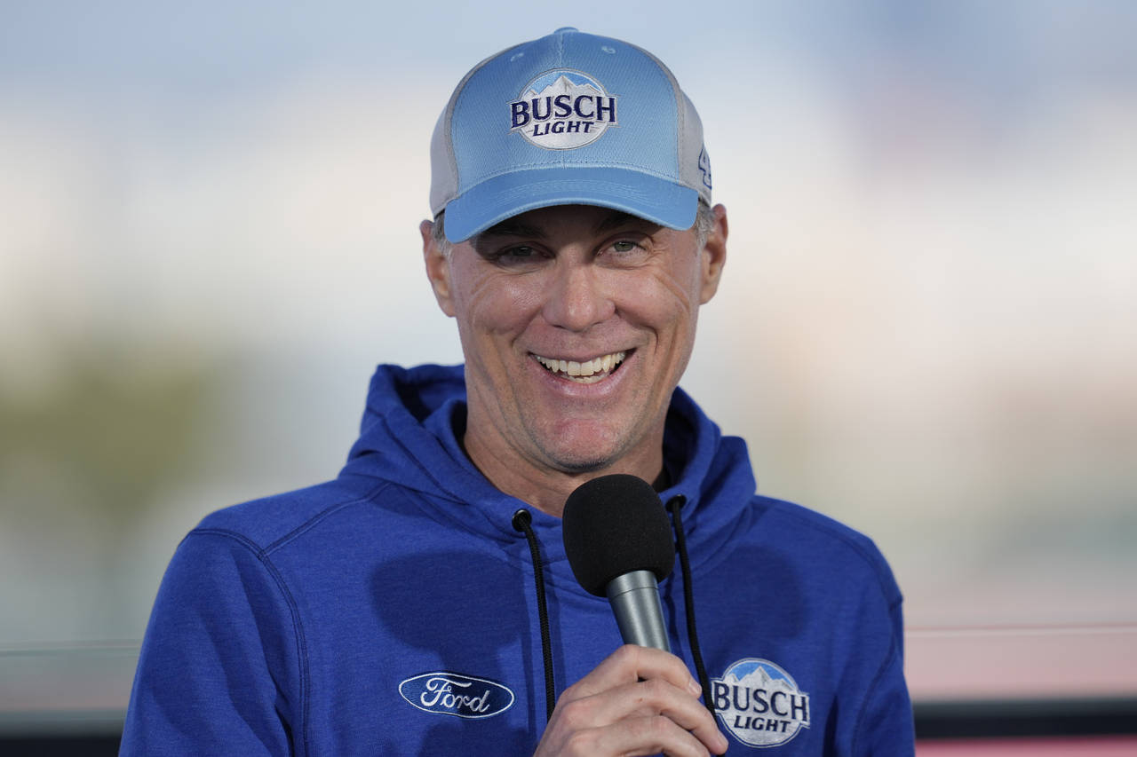 NASCAR Cup Series driver Kevin Harvick (4) speaks to reporters ahead of practice sessions before a ...