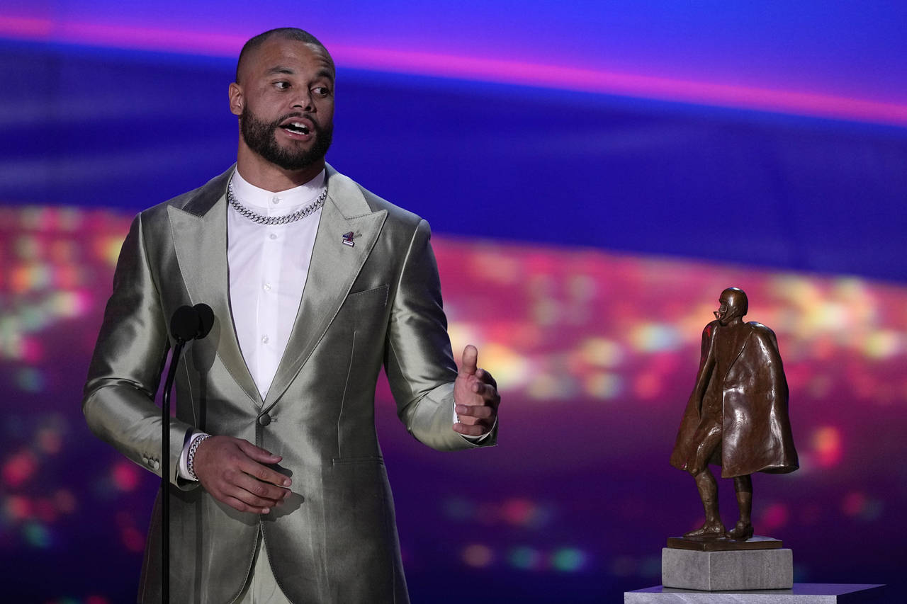 Walter Payton Player of the Year Award winner, Dallas Cowboys' Dak Prescott, speaks during the NFL ...