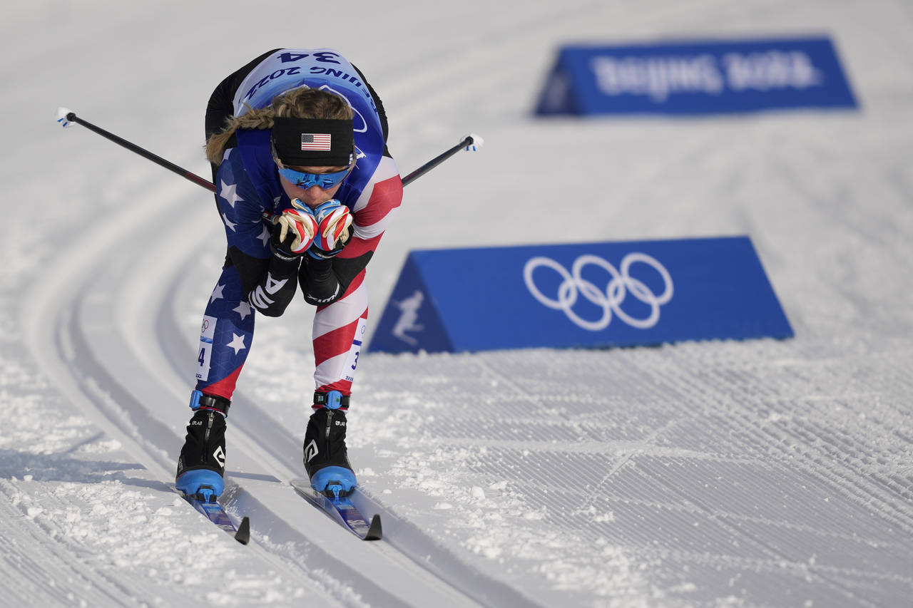 FILE - United States' Jessie Diggins competes during the women's 10km classic cross-country skiing ...