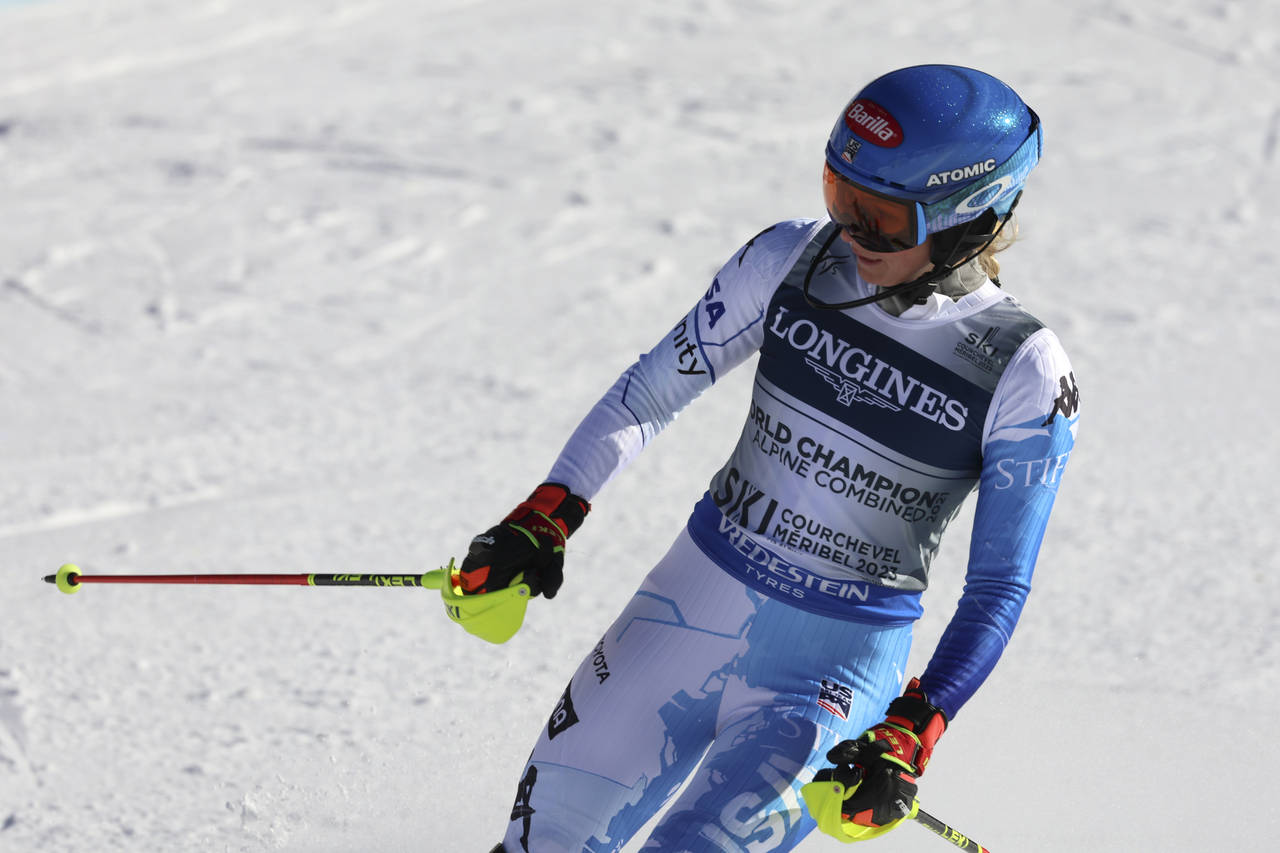 United States' Mikaela Shiffrin reacts after failing to complete the slalom portion of an alpine sk...