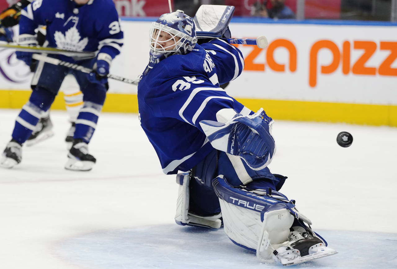 Boston Bruins' Pavel Zacha (not shown) scores on Toronto Maple Leafs' goaltender Ilya Samsonov (35)...