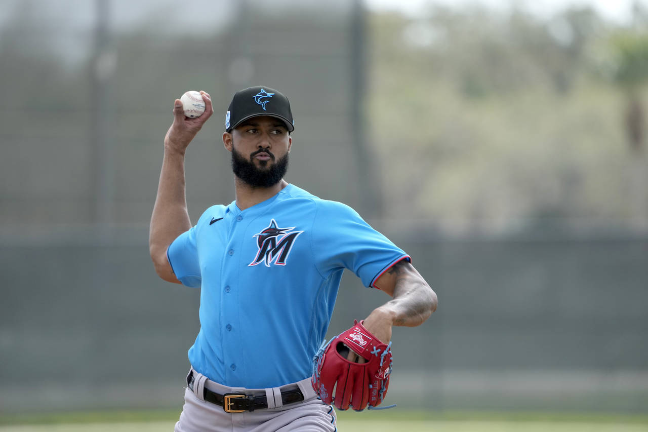 Miami Marlins pitcher Sandy Alcantara throws live batting practice during spring training baseball ...