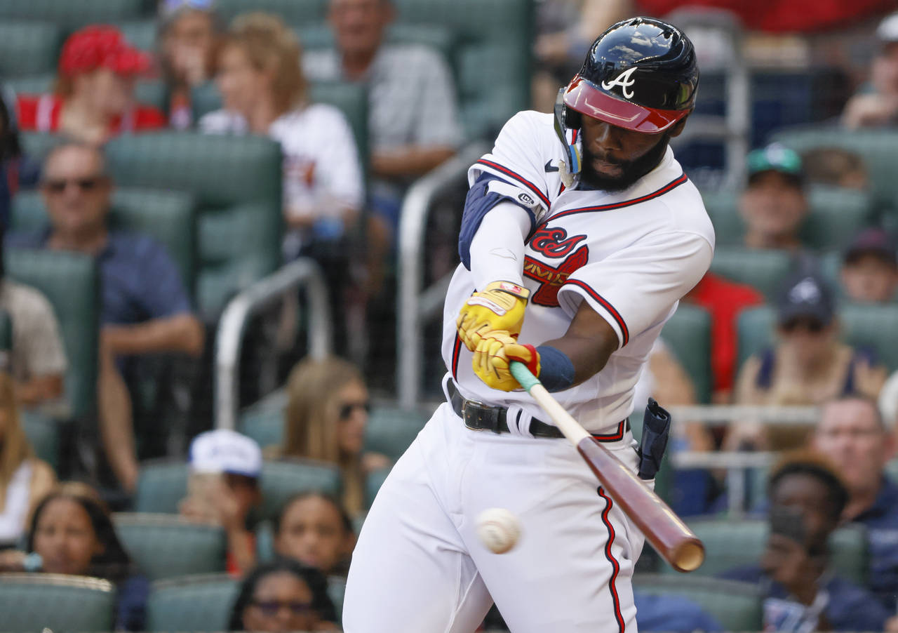 FILE -  Atlanta Braves' Michael Harris II, making his major-league debut, hits his first major leag...