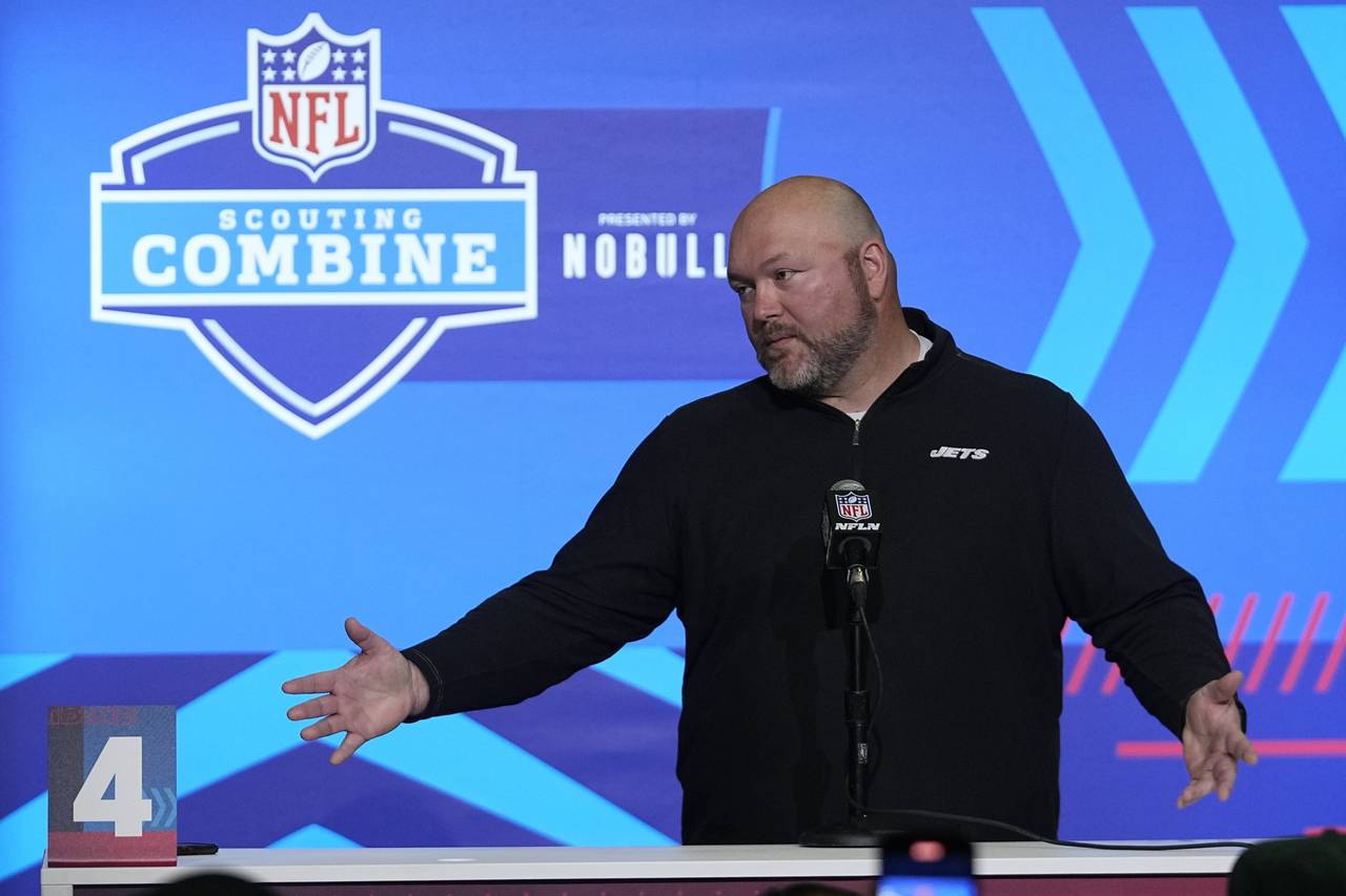 New York Jets general manager Joe Douglas speaks during a news conference at the NFL football scout...
