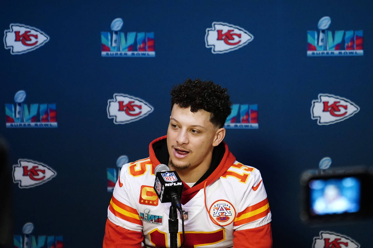 Kansas City Chiefs quarterback Patrick Mahomes speaks during an NFL football Super Bowl media avail...