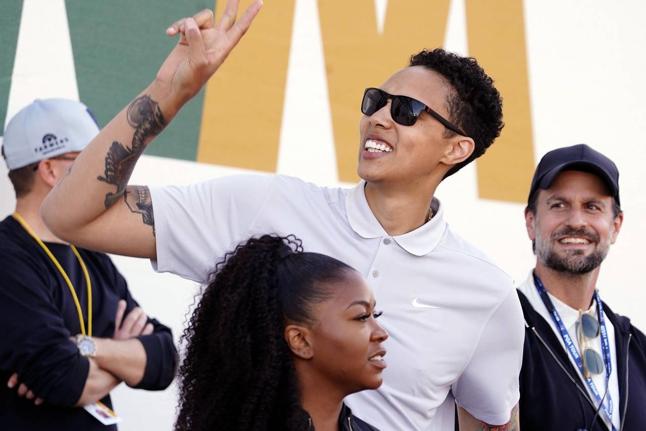 American professional basketball player Brittney Griner acknowledges fans as she watches on the 16t...
