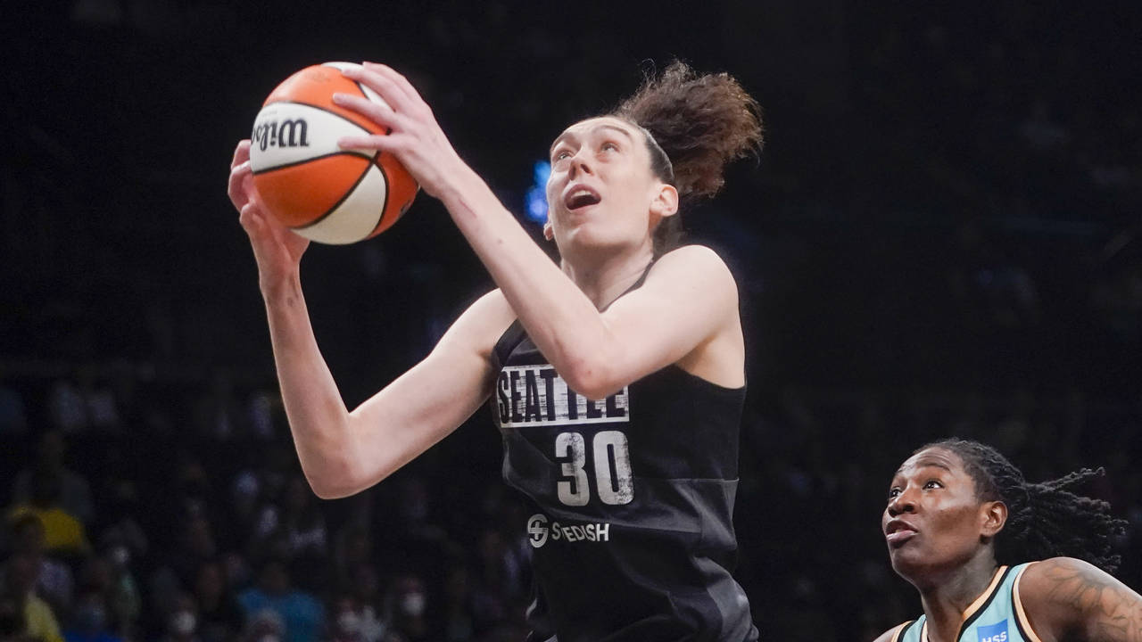 Seattle Storm forward Breanna Stewart tries to score during the first half of a WNBA basketball gam...