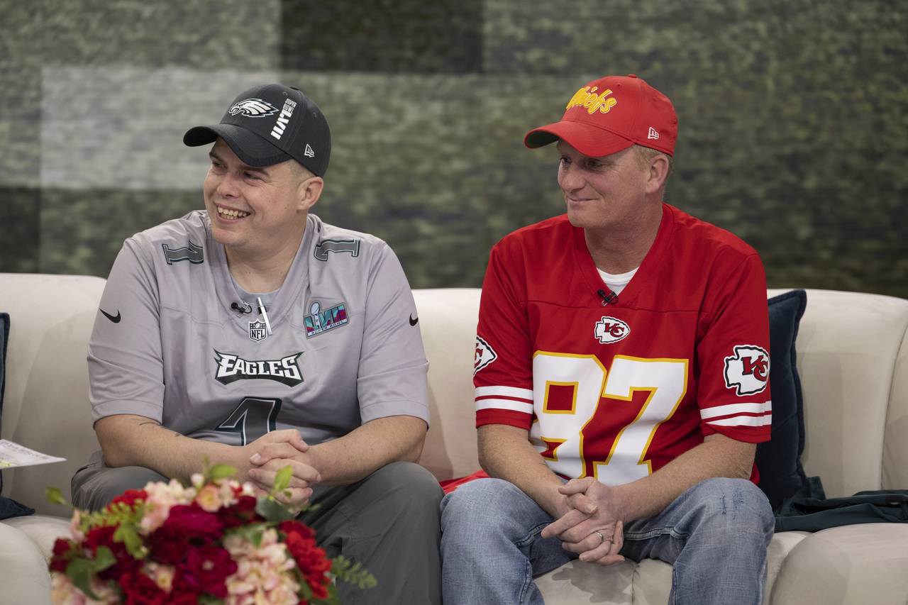 In this image provided by NBC News’ TODAY, Philadelphia Eagles fan Billy Welsh and Kansas City Ch...