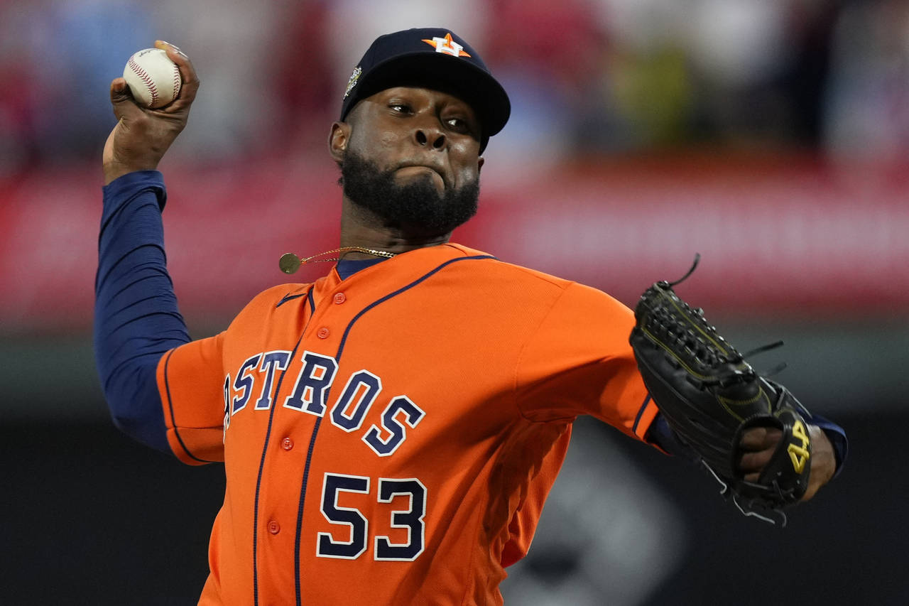 FILE - Houston Astros starting pitcher Cristian Javier throws during the first inning in Game 4 of ...