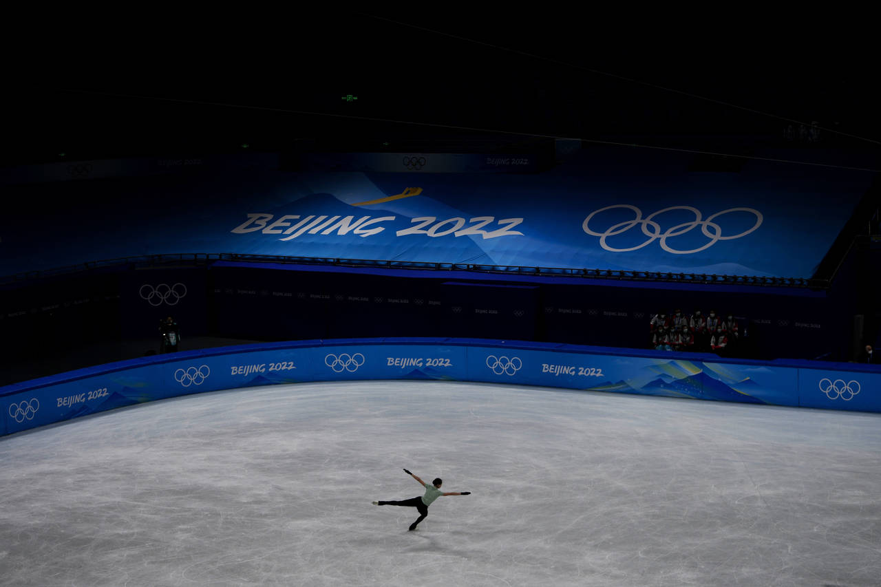 FILE - Kamila Valieva, of the Russian Olympic Committee, trains at the 2022 Winter Olympics, on Feb...