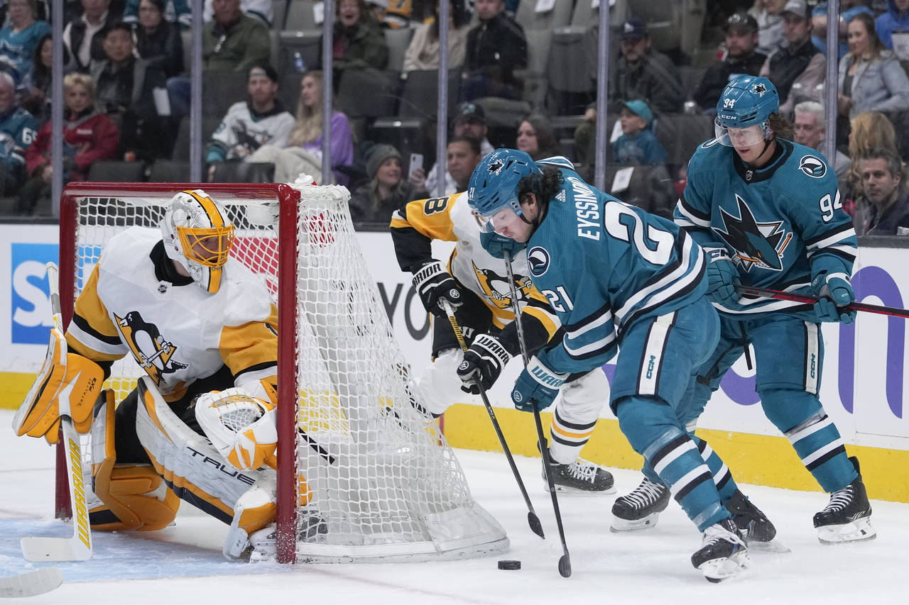 San Jose Sharks center Michael Eyssimont (21) prepares to shoot against Pittsburgh Penguins goalten...