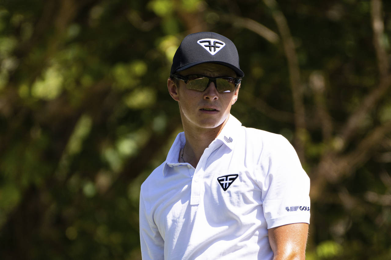 James Piot, of the HyFlyers GC LIV Golf team, watches his shot from the 10th tee during the pro-am ...