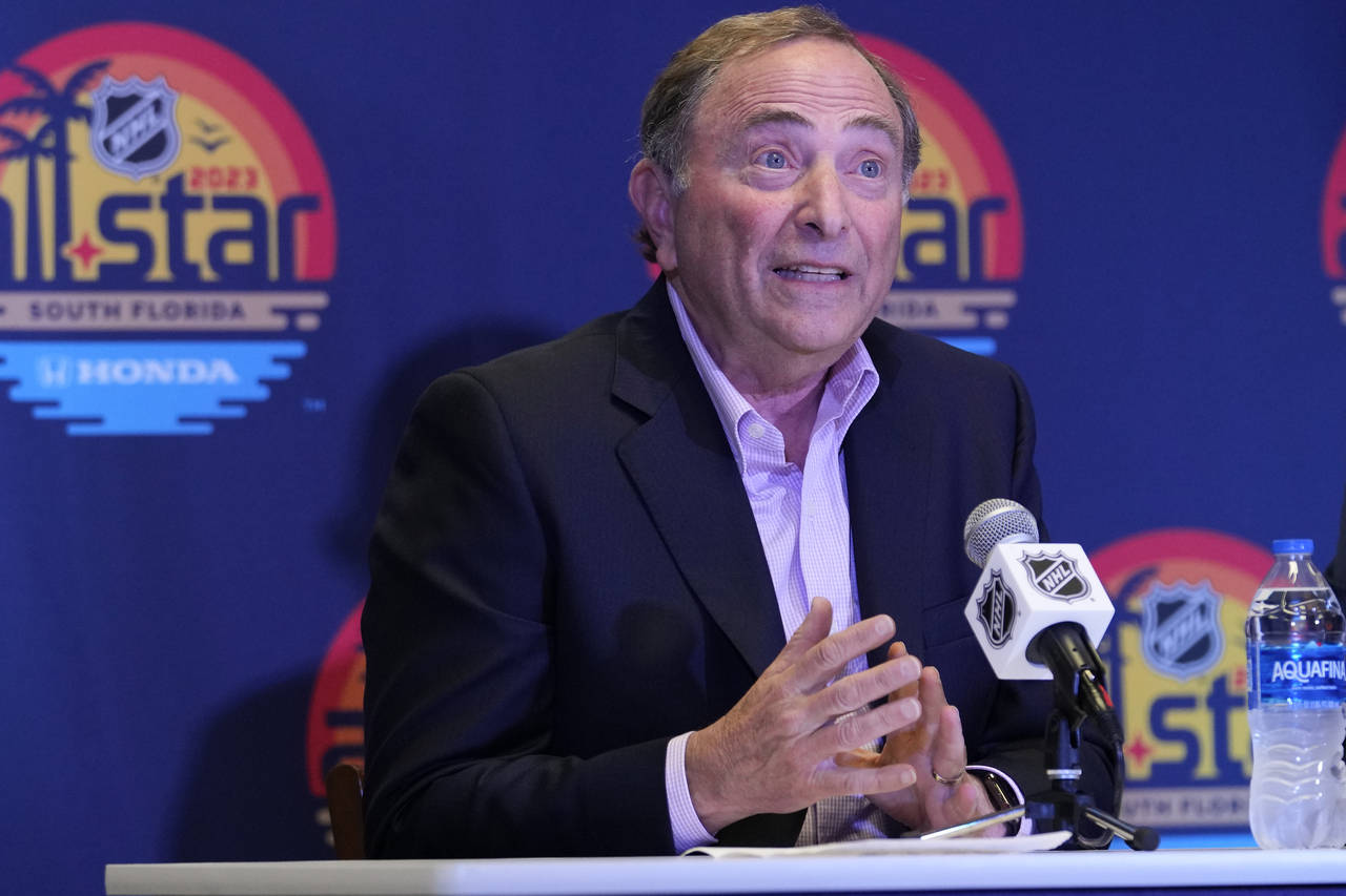 NHL commissioner Gary Bettman speaks before the NHL All-Star hockey game, Saturday, Feb. 4, 2023, i...