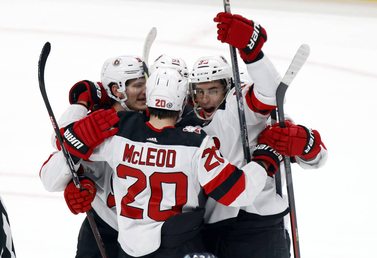 New Jersey Devils defenseman Ryan Graves (33) celebrates his game winning goal against the Columbus...