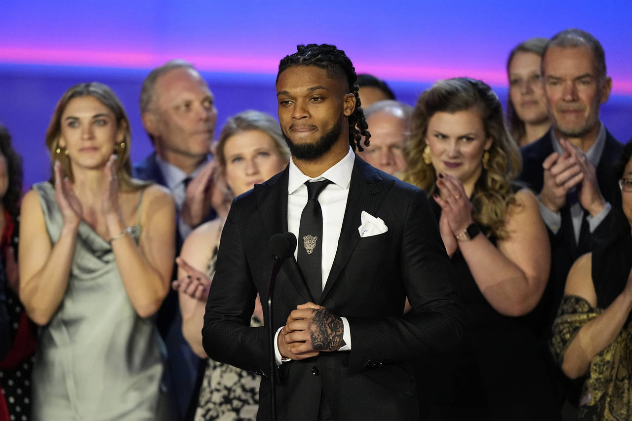 Buffalo Bills' Damar Hamlin speaks in front of University of Cincinnati Medical Center staff during...